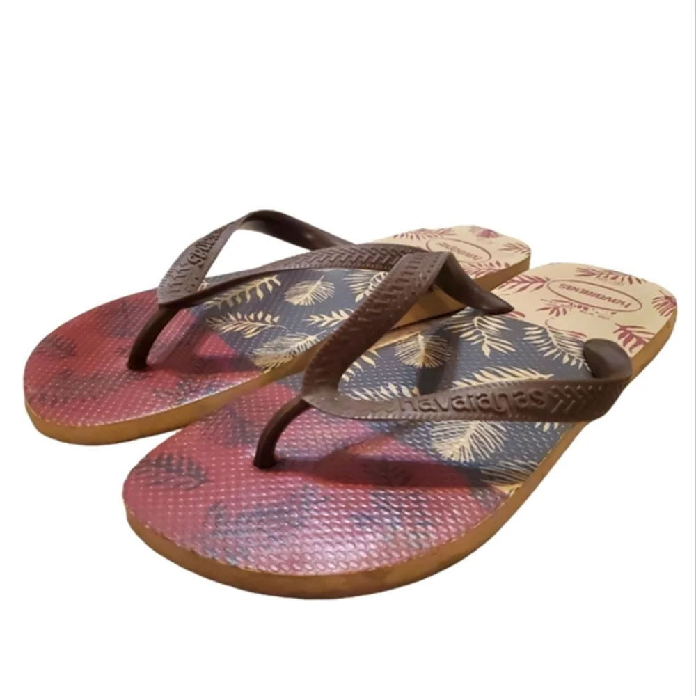 Havaianas‎ Men's Aloha Brown Red Hibiscus Flip Flop Sandals Size 9/10